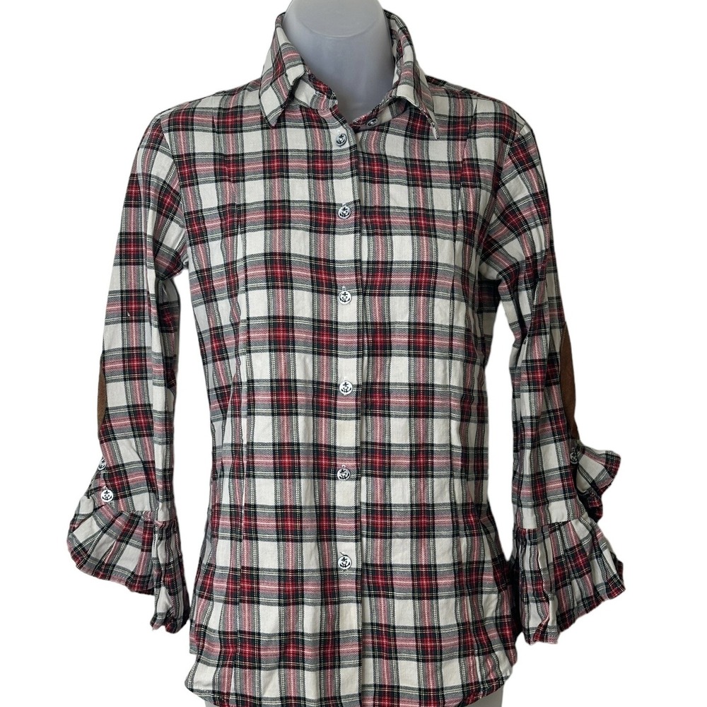 Alicia Bell Plaid Button-Up Shirt S Red Black Sleeves Elbow Patches Grunge Boho